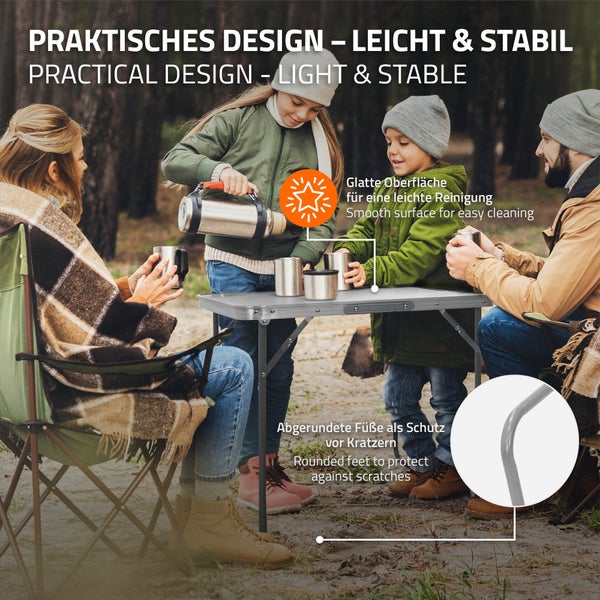 ECD Germany Alu Campingtisch Klapptisch, 70x50x60 cm, Grau, MDF-Platte, klappbar, tragbar, leicht, Falttisch für Picknick, Camping Koffertisch mit Griff, Gartentisch Reisetisch Balkontisch Esstisch