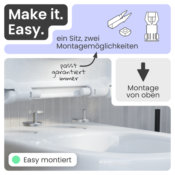 Darstellung der einfachen Montage eines WC-Sitzes mit zwei verschiedenen Montagemöglichkeiten