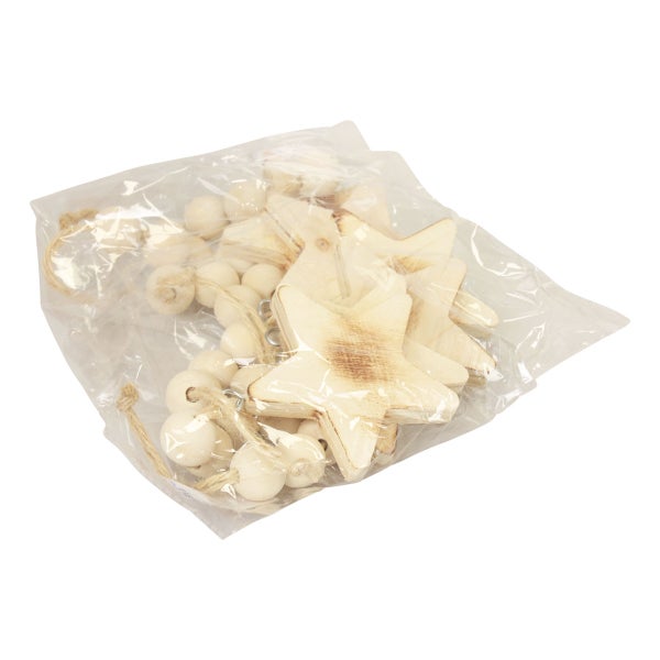 Dekorationsset mit Holzsternen und Holzkugeln in einer Plastikverpackung
