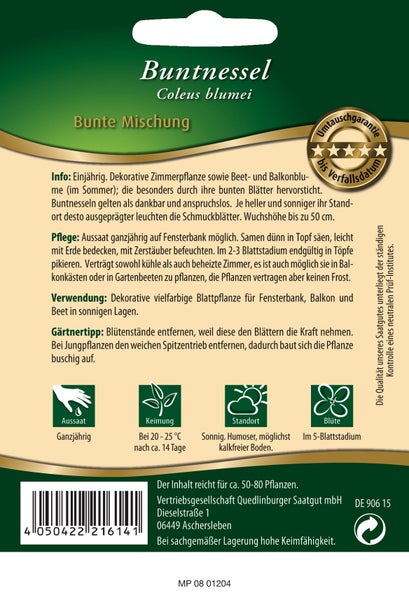 Rückseite der Samenpackung Buntnessel Bunte Mischung mit Informationen zu Aussaat, Pflege, Standort und Blüte sowie einer Umtauschgarantie.