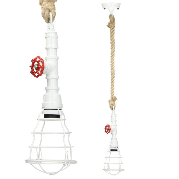 ECD Germany Hängelampe 1 flammige Hängeleuchte mit E27 Fassung, 115 cm, Ø13 cm, Weiß/Braun, Metall/Hanfseil, Wasserrohr, Vintage/Retro, Industrial Design, Pendelleuchte Pendellampe Leuchte Lampe