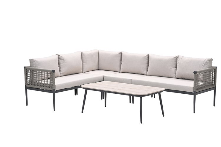 Garten-Lounge-Set mit anthrazitfarbenem Ecksofa, hellbeigen Polstern und Couchtisch. Metallgestell mit Seilbespannung.