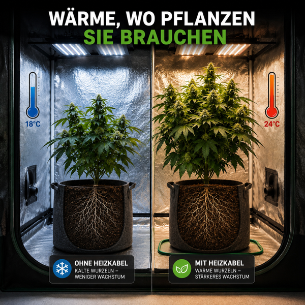 Vergleich von zwei Cannabis Pflanzen im Growzelt mit und ohne Bodenheizung zur Darstellung des Wachstumsunterschieds durch Wurzeltemperatur.