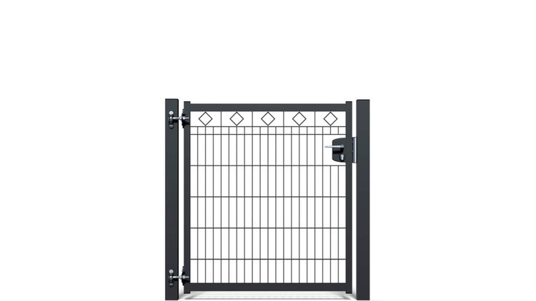 Gartentür ZAUNGURU BASIC-Linie Raute aus Metall, Höhe: 123cm, Breite: 123cm, 1-flügelig inkl. Pfosten, Schloss und Zubehör, Feuerverzinkt und zusätzlich in RAL 7016 Anthrazitgrau pulverbeschichtet