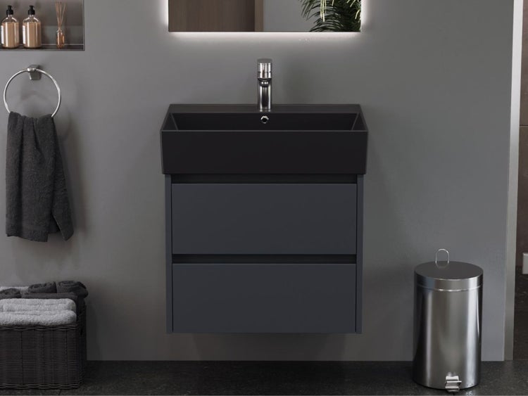 Aqua Bagno Basic Plan Waschbecken 10.16.30.04.04 – 60 x 45 cm – Schwarz Matt – Keramikbecken mit Hahnloch & Überlauf
