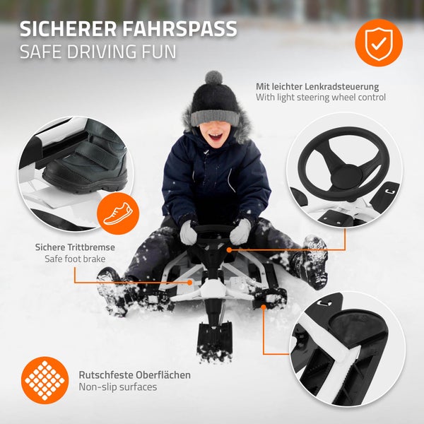 Hauki Lenkschlitten in Weiß, Kinderschlitten Rodel ab 5 Jahre, Skibob für Kinder und Erwachsene bis 90 kg, Schlitten mit Lenkrad, Fußbremse, Zugseil, Sitz mit Rückenlehne, Stahlrahmen, 119x38x50 cm