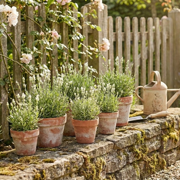 Weißer Lavendel in Terrakotta-Töpfen auf einer moosigen Steinmauer im Garten mit Gießkanne und Holzzaun.
