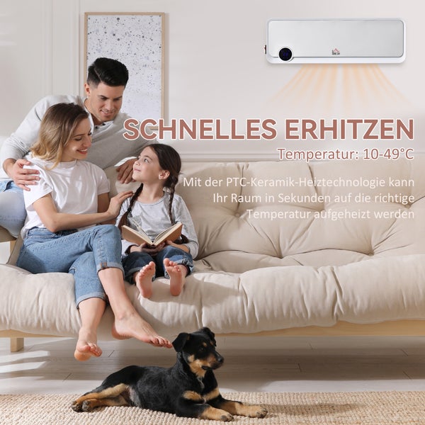 Wandmontiertes PTC-Keramik-Heizgerät in einem Wohnzimmer mit einer Familie auf dem Sofa, Temperatur von 10 bis 49 Grad.