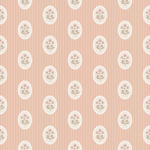 Tapete mit vertikalem Streifenmuster und ovalen Medaillons mit floralen Motiven.