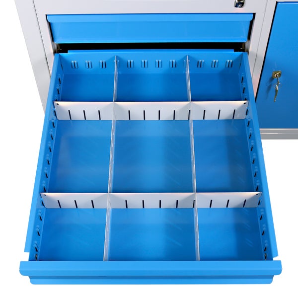 PROREGAL Werkbank Rhino mit Ablagefläche 3 Schubladen Regalteil HxBxT 84 x 120 x 60 cm Traglast 300 kg Lichtgrau Blau