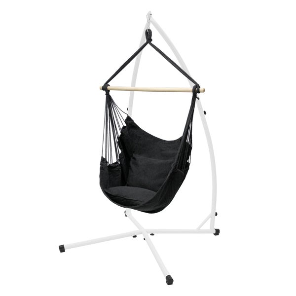 ECD Germany Hängesessel Anthrazit mit Gestell Weiß 208 cm, Hängestuhl Hängeschaukel aus Baumwolle mit 2 Kissen bis 120 kg, Freistehendes Hängesesselgestell Metall Hängestuhlgestell Hängesitz Ständer