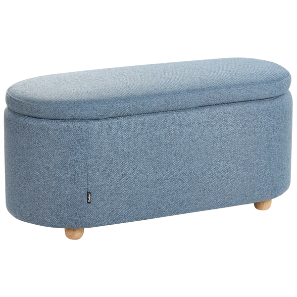 Blaue gepolsterte Sitzbank mit Stauraum, ovale Form, Stoffbezug und Holzfüße.