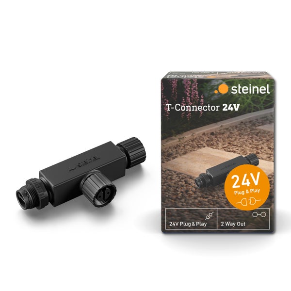 Steinel T-Verteiler 24 Volt für Plug and Play Stecksysteme, inklusive Produktverpackung.