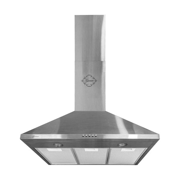 Wandhaube aus Edelstahl mit Gurari Logo, drei Fettfiltern und integrierter Beleuchtung.