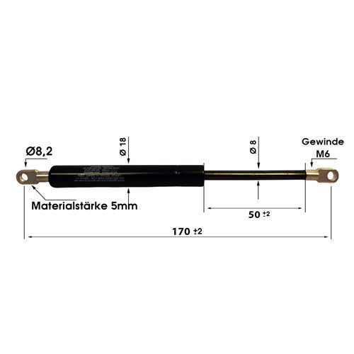 Gasdruckfeder mit Maßen: Gesamtlänge 170 Millimeter, Hub 50 Millimeter, Gehäusedurchmesser 18 Millimeter, Gewinde M6.