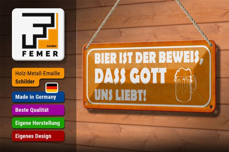 Blechschild Spruch 27x10cm Bier ist Beweis Gott liebt uns Dekoration
