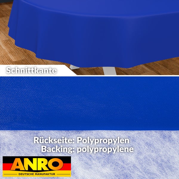 Blaue runde Tischdecke mit Schnittkante und Polypropylen-Rückseite, ANRO Logo