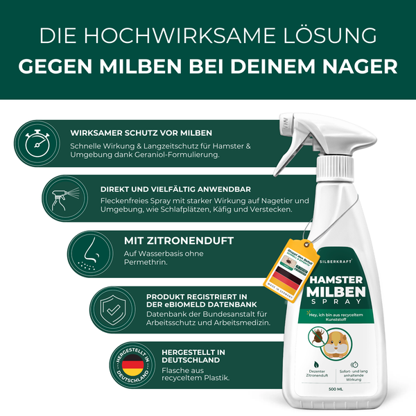 Silberkraft Milbenspray Hamster 500 ml – Milbenmittel für Hamster, Meerschweinchen & Nager, hochwirksame Milbenabwehr für Fell & Käfig, Sofort- & Langzeitschutz, hergestellt in Deutschland