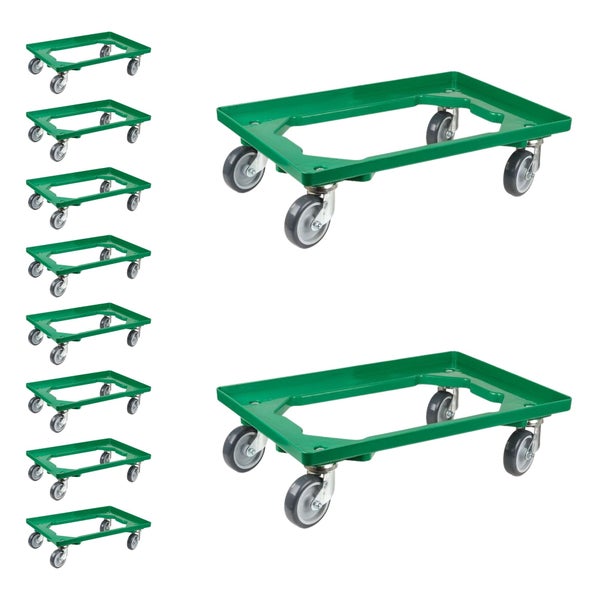 PROREGAL SparSet 10x Transportroller für Euroboxen 60 x 40 cm mit Gummiräder Grün Offenes Deck 2 Lenkrollen und 2 Bockrollen Traglast 300 kg