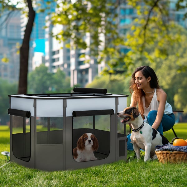 PawHut Welpenauslauf, Welpenlaufstall mit Türen, Fenster, faltbar Laufgitter, Atmungsaktiv Netz, für kleine Hunde unter 10 kg und Kleintiere, Indoor und Outdoor, 94 x 74 x 60 cm, Grau