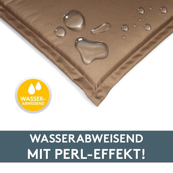 Wasserabweisendes Material mit Abperleffekt, auf dem Wassertropfen liegen, inklusive Symbol für wasserabweisende Eigenschaften.
