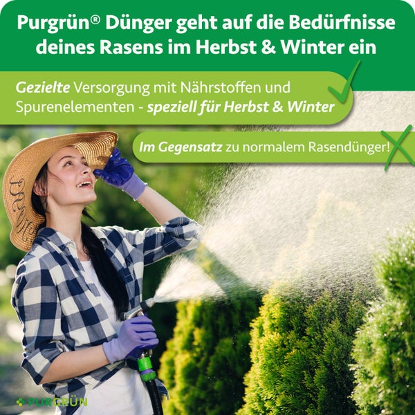 Frau in Arbeitskleidung bewässert Pflanzen im Garten, mit Werbehinweis zu Purgrün Herbstdünger für Rasen.
