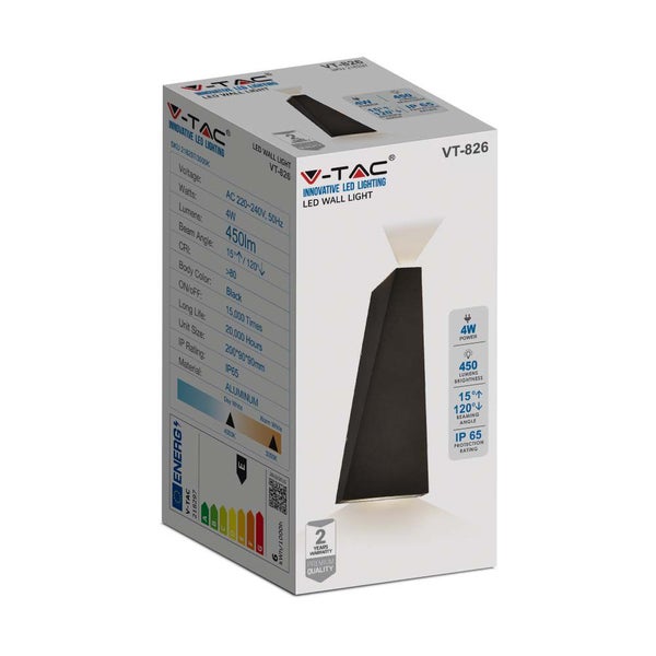 V-TAC LED-Wandleuchte VT-826, schwarzes Aluminiumgehäuse, Schutzart IP65
