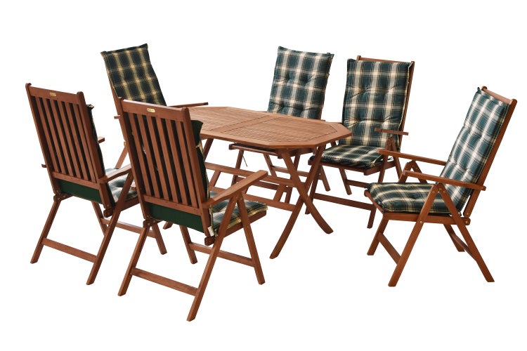 Gartentisch mit sechs Gartenstühlen aus Holz mit karierten Auflagen