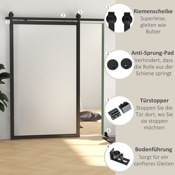 HOMCOM Schiebetüren-Beschlagsatz 244 cm Komplett-Set mit Schienen, Rollen, Anti-Sprung-Vorrichtungen, Türstopper, Bodenführung, Schiebetürsystem aus Kohlenstoffstahl Schwarz