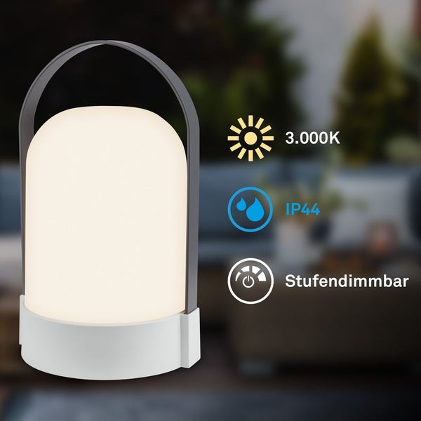 Tragbare LED-Laterne mit Tragegriff, warmweißes Licht mit 3000 Kelvin, Spritzwasserschutz IP vierundvierzig und stufenweise dimmbar.