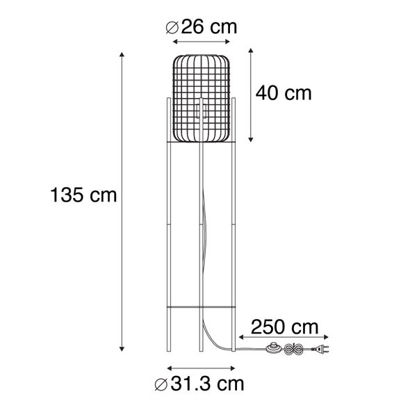 Technische Zeichnung einer Stehlampe mit Abmessungen