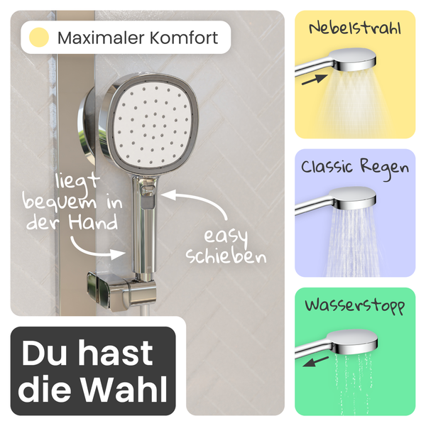 Handbrause in Chrom mit Schieberegler am Griff für Nebelstrahl, Classic Regen und Wasserstopp-Funktion.