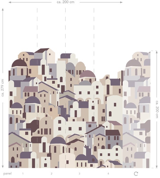 Fototapete mit grafischem Stadtmotiv, circa 200 x 279 cm