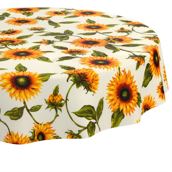 Runde Tischdecke mit großflächigem Sonnenblumen-Muster.