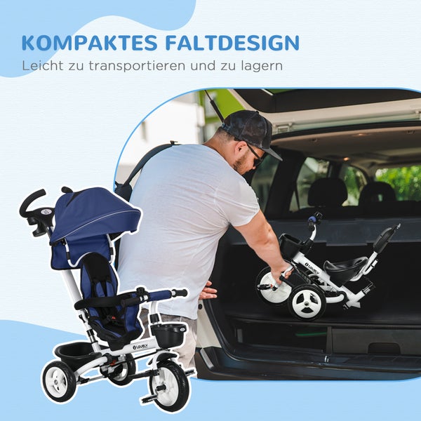 HOMCOM 6-in-1 Dreirad mit Schubstange, 112L x 50B x 104H cm, Polyester, Metall, Blau