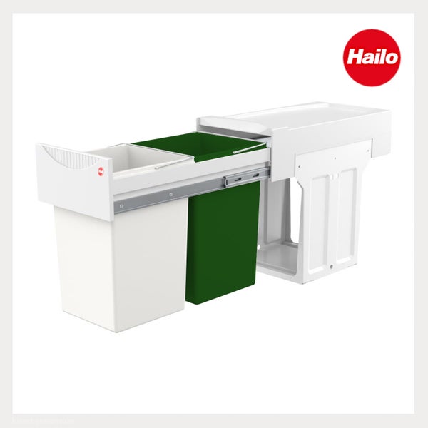 Hailo Einbau-Abfalltrennsystem aus Kunststoff mit zwei Abfallbehältern und Teleskopschienen. Hailo Logo.