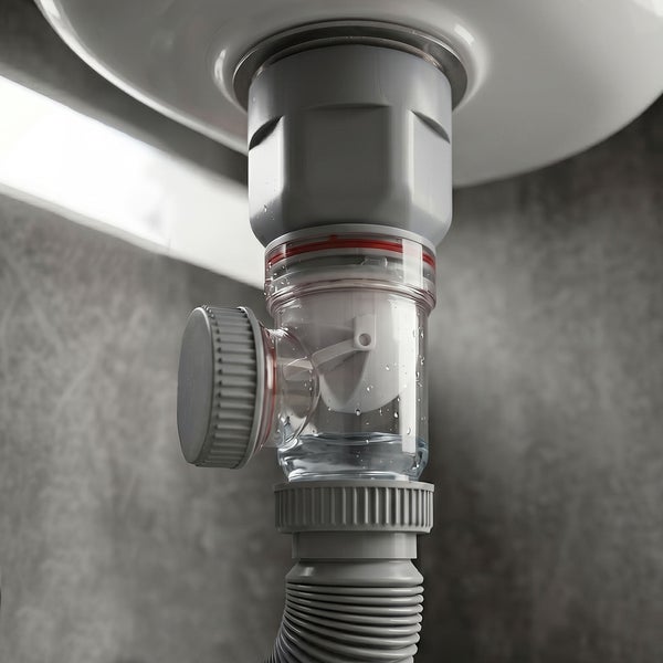 Transparenter Siphon aus Kunststoff an einem Waschbecken mit flexiblem Ablaufschlauch.