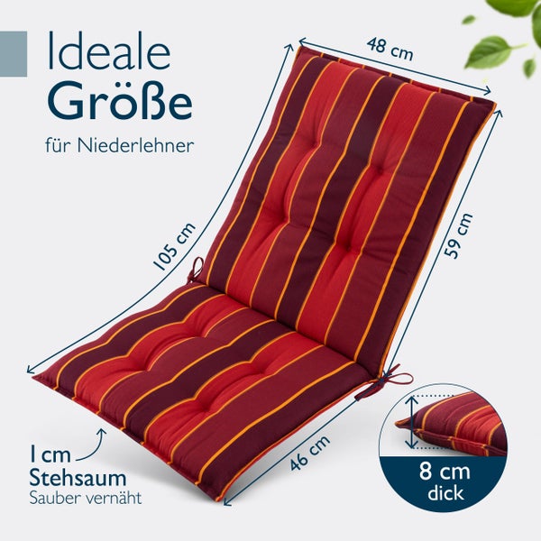 Gepolsterte Gartenstuhlauflage mit Streifenmuster und Maßangaben