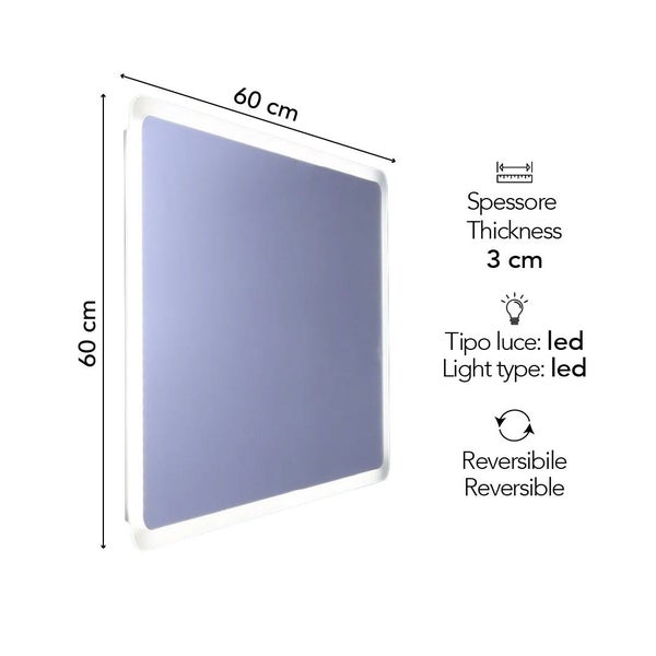 Quadratischer LED-Badezimmerspiegel, 60 mal 60 Zentimeter, Tiefe 3 Zentimeter, wendbar montierbar.
