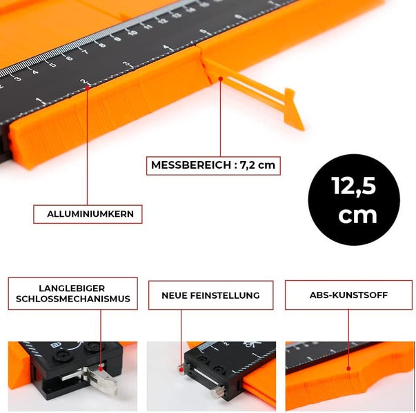 Konturenlehre 12,5 cm mit Aluminiumkern, Schlossmechanismus, Feinstellung, ABS-Kunststoff und Messbereich 7,2 cm.