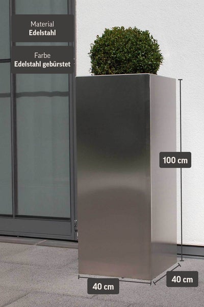 Hoher rechteckiger Pflanzkübel aus gebürstetem Edelstahl, Maße 100 mal 40 mal 40 Zentimeter.