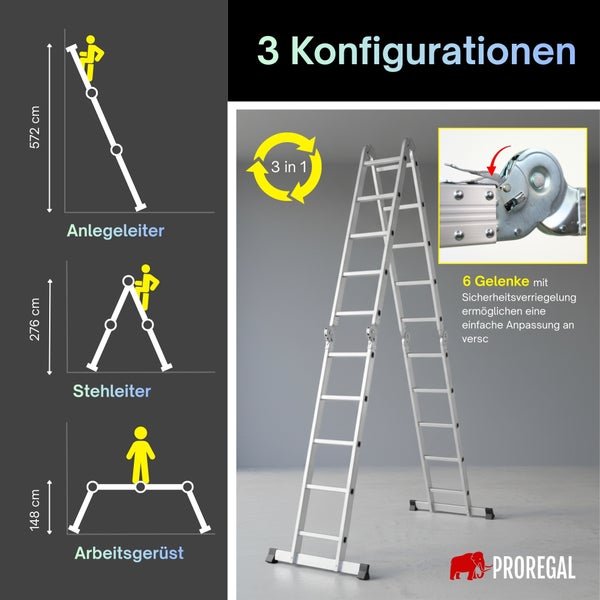 Proregal 3-in-1 Aluminiumleiter: Anlegeleiter (572 Zentimeter), Stehleiter (276 Zentimeter) oder Arbeitsgerüst (148 Zentimeter), Proregal Logo.