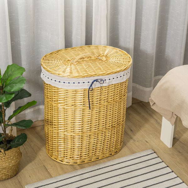 HOMCOM Wäschekorb aus Weide Weidenrute Wäschebox Wäschesammler geflochten mit Wäschesack mit Deckel Natur 100L 51 x 38 x 57 cm
