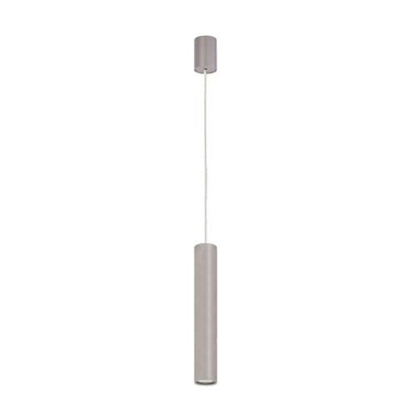 Moderne zylindrische Pendelleuchte aus grauem Metall mit weißem Kabel und passender Deckenbefestigung.
