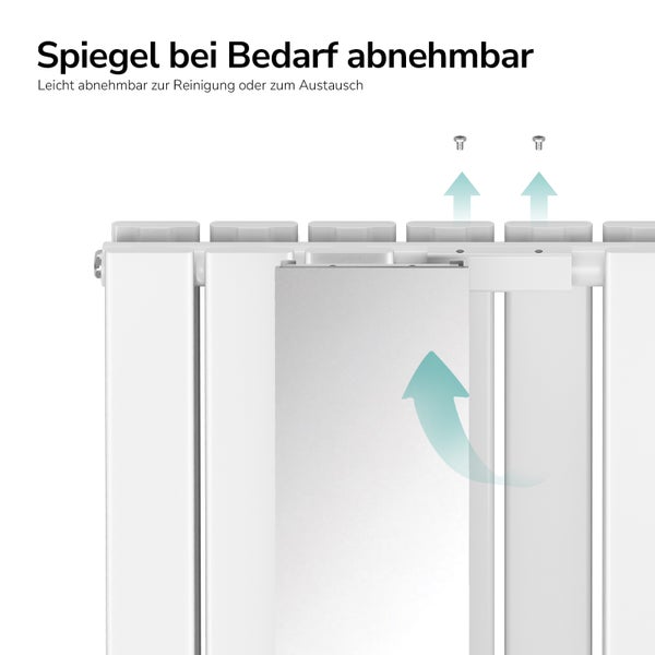 Detailansicht eines Heizkörpers mit abnehmbarem Spiegel zur Reinigung oder zum Austausch.