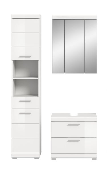 Badezimmer-Möbelset in Weiß Hochglanz mit Hochschrank, Waschtischunterschrank und dreitürigem Spiegelschrank.