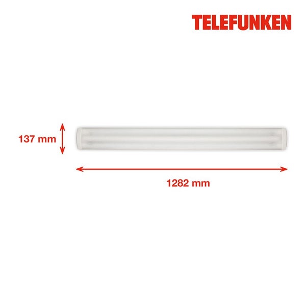 Telefunken LED-Wannenleuchte mit Maßen 1282 Millimeter Länge und 137 Millimeter Breite. Telefunken Logo.