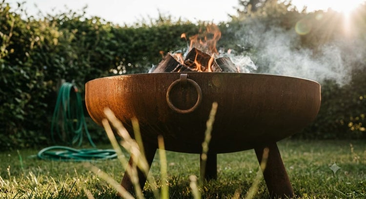 Runde Feuerschale aus Metall mit Griffen auf drei Standbeinen, in der ein Holzfeuer brennt, platziert in einem Garten.