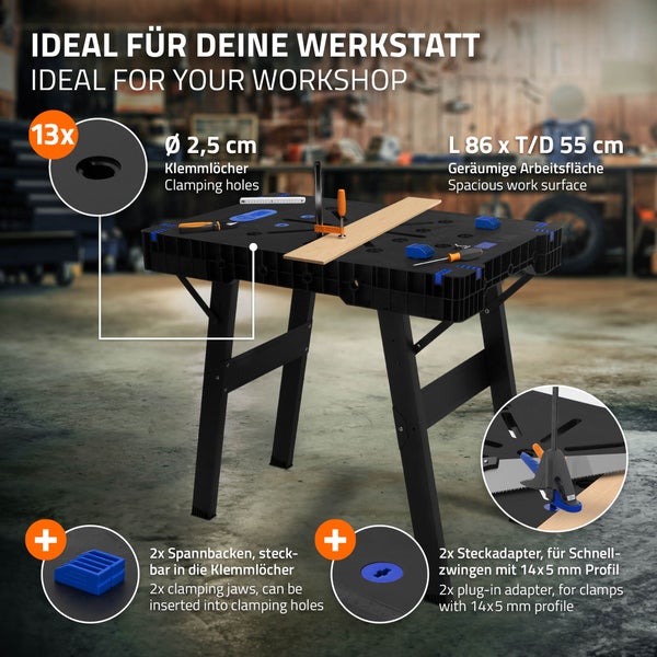 ECD Germany Werkbank klappbar, 86x55x80 cm, Werktisch erweiterbar, bis 150 kg belastbar, Aufgedruckte 2 Messskalen, große Arbeitsfläche, Sägebock Arbeitstisch Werkstatt mit Metallbeinen und Tragegriff