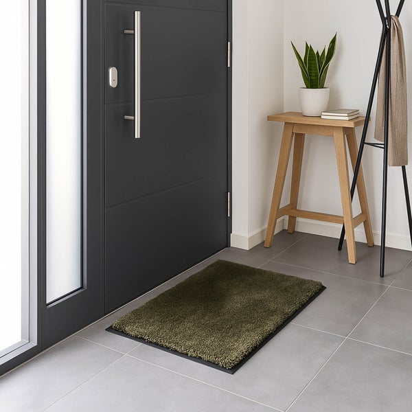 Eingangsbereich mit Fußmatte, Garderobe und Tür